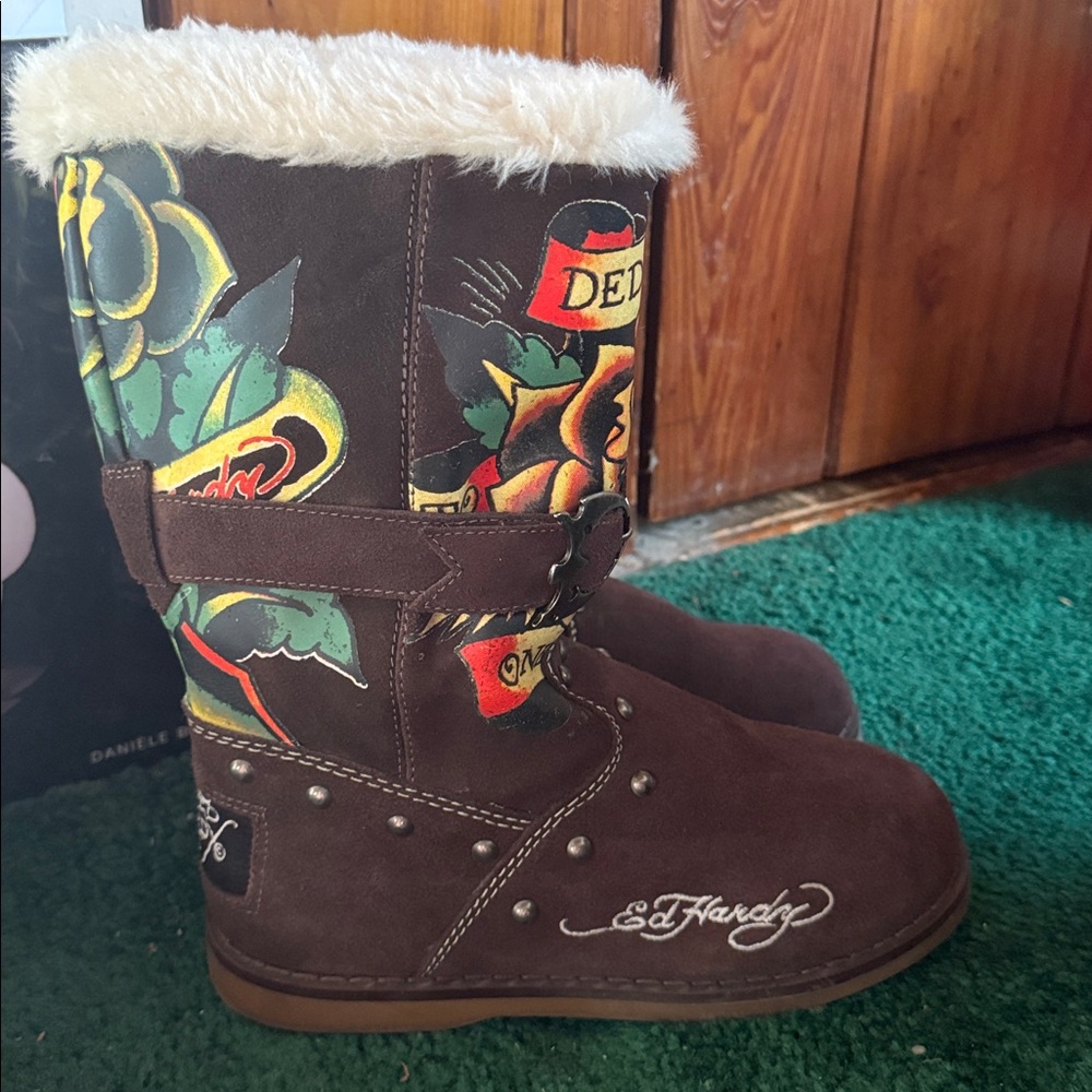 Ed Hardy Brown Boots with Colorful Tattoo Art